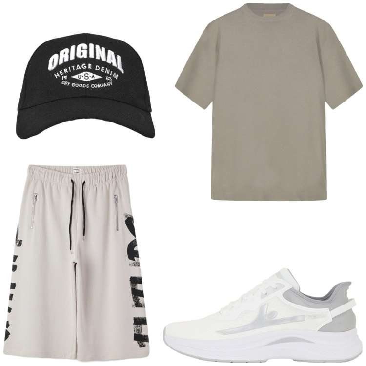 Outfit uomo - Tempo libero. Stile Casual per Tutti i giorni. Abbinamento con cappelli con visiera, bermuda, sneakers, t-shirt.