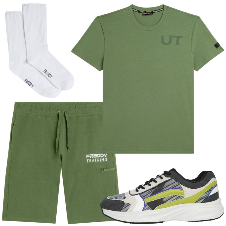 Outfit uomo - Tempo libero. Stile Casual per Tutti i giorni. Abbinamento con sneakers, t-shirt, bermuda, calzini.