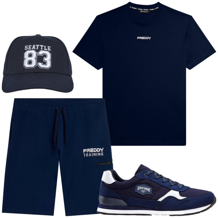 Outfit uomo - Tempo libero. Stile Casual per Tutti i giorni. Abbinamento con sneakers, cappelli, t-shirt, bermuda.