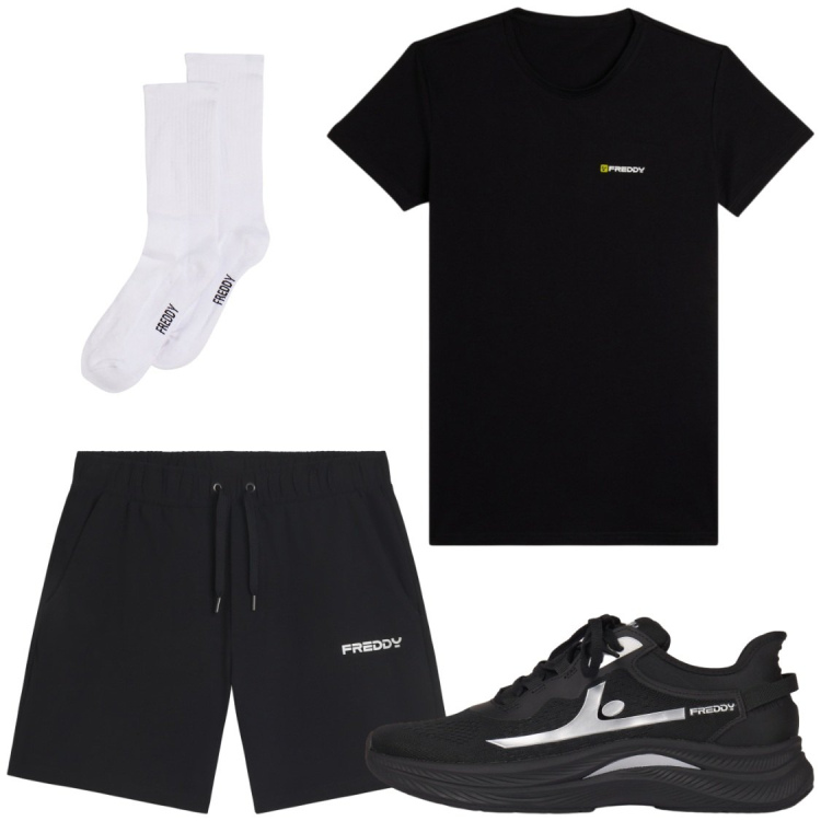 Outfit uomo - Tempo libero. Stile Trendy per Tutti i giorni. Abbinamento con calzini, t-shirt, sneakers, pantaloni corti.