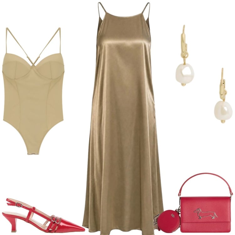 Outfit donna - Total look #2439829. Stile Chic per Serata fuori. Abbinamento con décolleté, vestiti lunghi, borse a tracolla, orecchini, body.