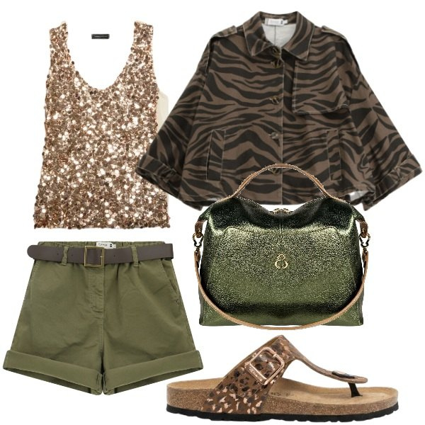 Outfit donna - Savana chic. Stile Casual chic per Serata fuori. Abbinamento con infradito, borse a mano, top, shorts, blazer.