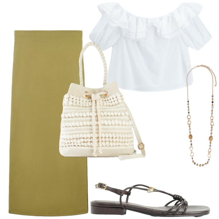 Outfit donna - Di fretta ma chiccosa. Stile Chic per Serata fuori. Abbinamento con sandali, borse a secchiello, gonne lunghe, bluse, collane.