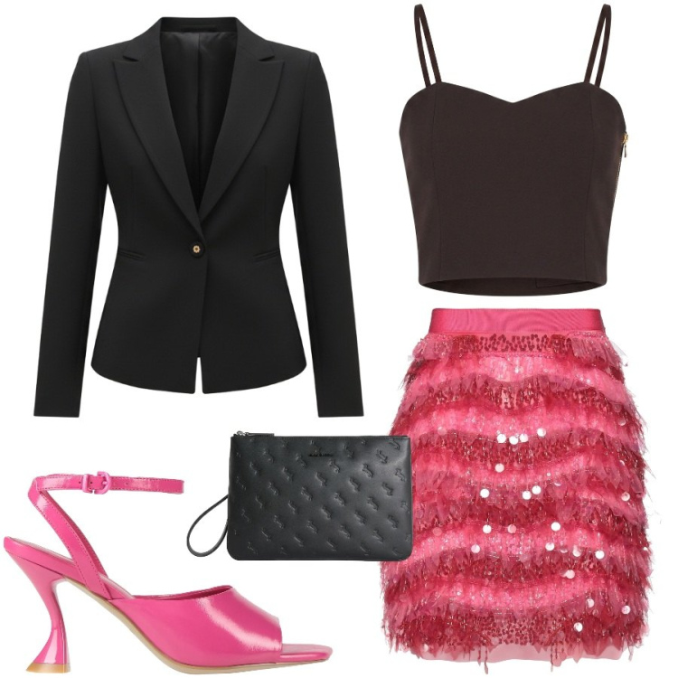 Outfit donna - Summer Party. Stile Trendy per Serata fuori. Abbinamento con sandali in pelle, minigonne, anelli, blazer, top.