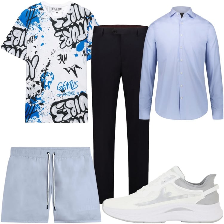 Outfit uomo - Total look #2439867. Stile Trendy per Mare. Abbinamento con t-shirt, sneakers, costumi, camicie, pantaloni.