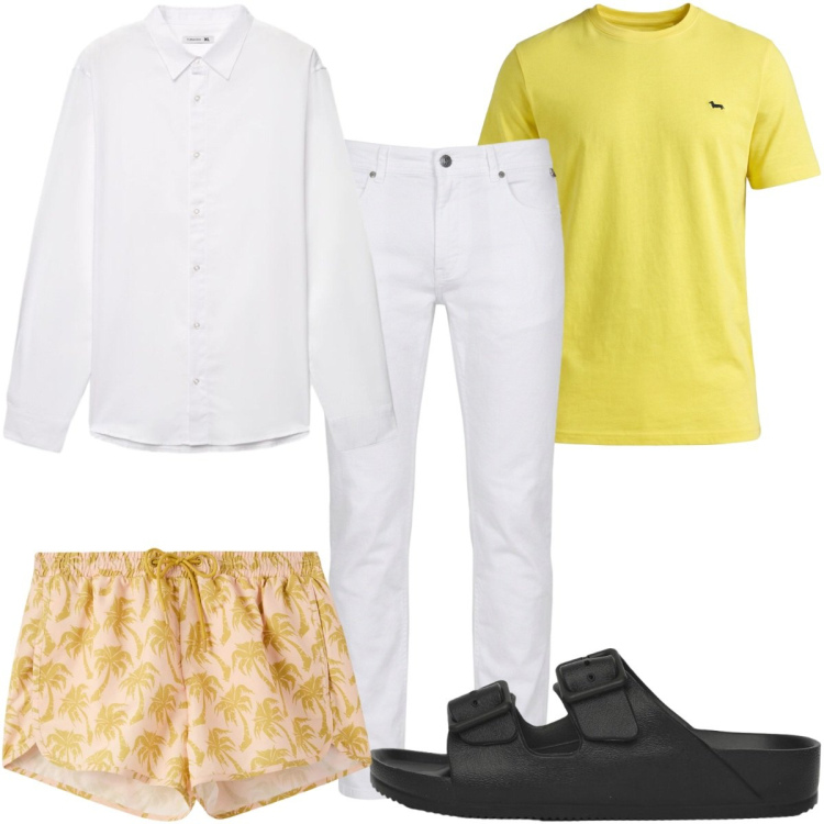Outfit uomo - Total look #2439869. Stile Trendy per Mare. Abbinamento con t-shirt, pantaloni, costumi, camicie, sandali.