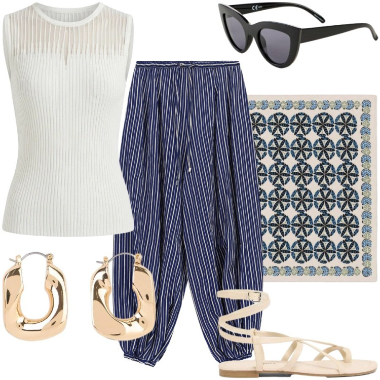Outfit donna - Total look #2439871. Stile Chic per Tutti i giorni. Abbinamento con orecchini, occhiali da sole, sandali, foulard, pantaloni a palazzo, canottiere.