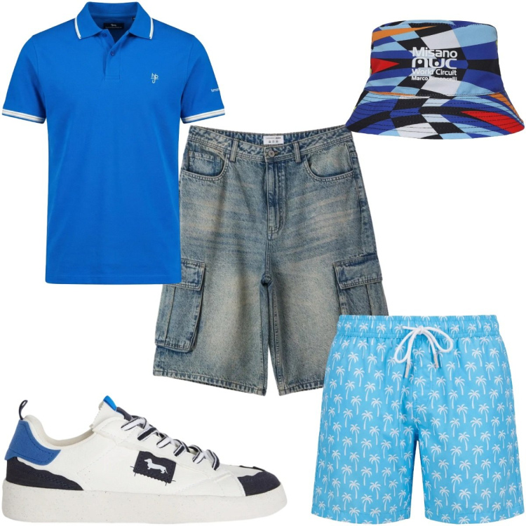 Outfit uomo - Total look #2439872. Stile Urban per Mare. Abbinamento con sneakers, polo, costumi, cappelli, pantaloni corti.
