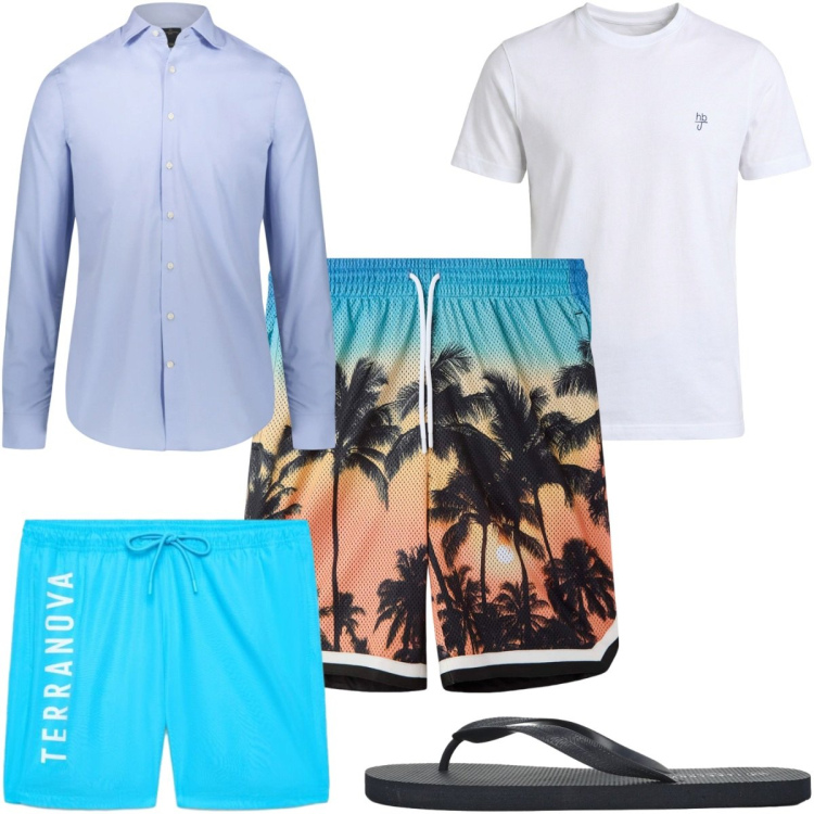 Outfit uomo - Total look #2439873. Stile Trendy per Mare. Abbinamento con t-shirt, bermuda, sandali, costumi, camicie.