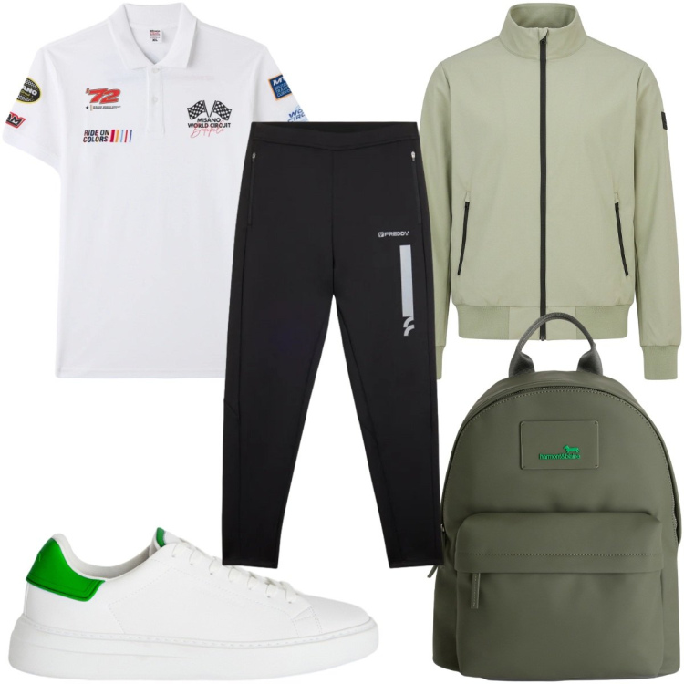 Outfit uomo - Total look #2439874. Stile Trendy per Sport. Abbinamento con borse sportive, sneakers, polo, pantaloni, bomber.