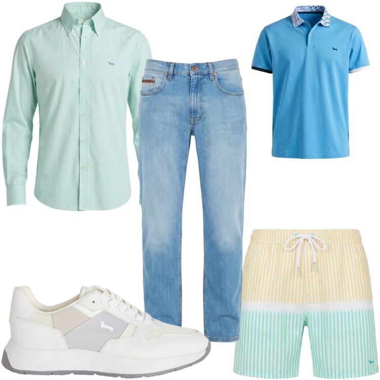Outfit uomo - Total look #2439875. Stile Trendy per Mare. Abbinamento con jeans, sneakers, camicie, costumi, polo.
