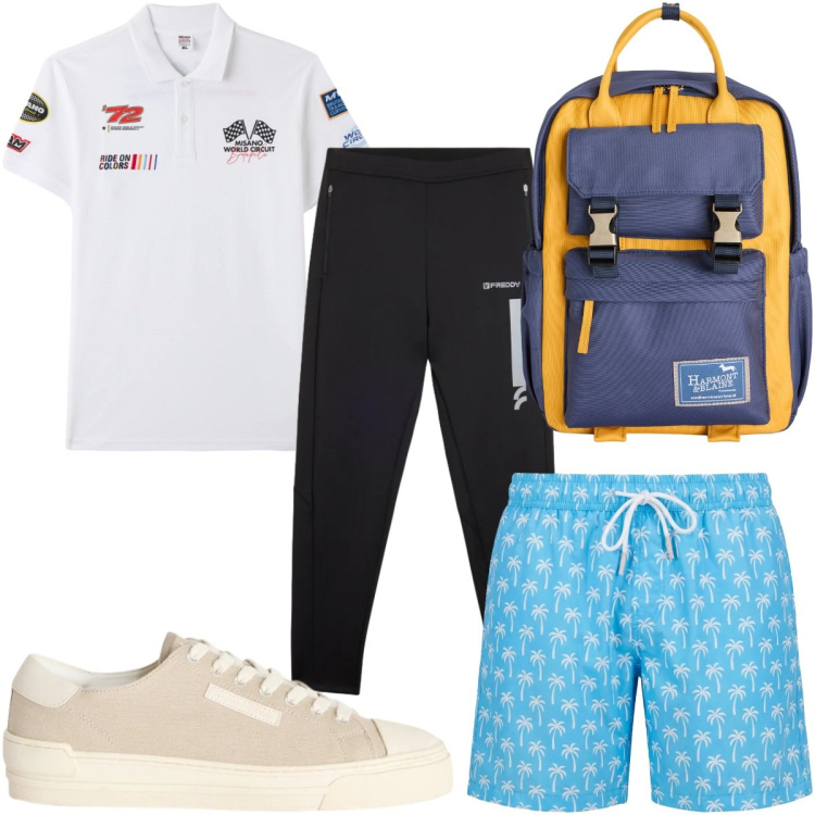 Outfit uomo - Total look #2439876. Stile Trendy per Tutti i giorni. Abbinamento con sneakers, borse sportive, costumi, polo, pantaloni.