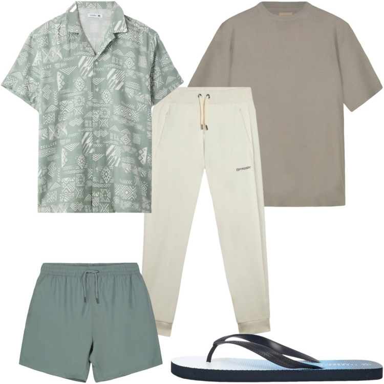 Outfit uomo - Total look #2439877. Stile Casual per Mare. Abbinamento con sandali, camicie a manica corta, pantaloni, t-shirt, costumi.