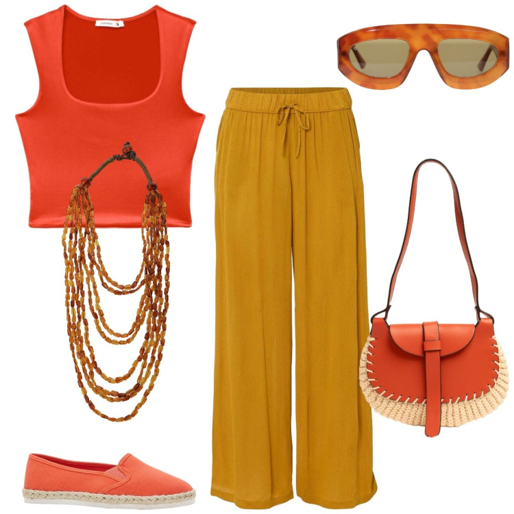 Outfit donna - Total look #2439878. Stile Casual chic per Tutti i giorni. Abbinamento con pantaloni, espadrillas, top, borse a tracolla, collane, occhiali da sole.