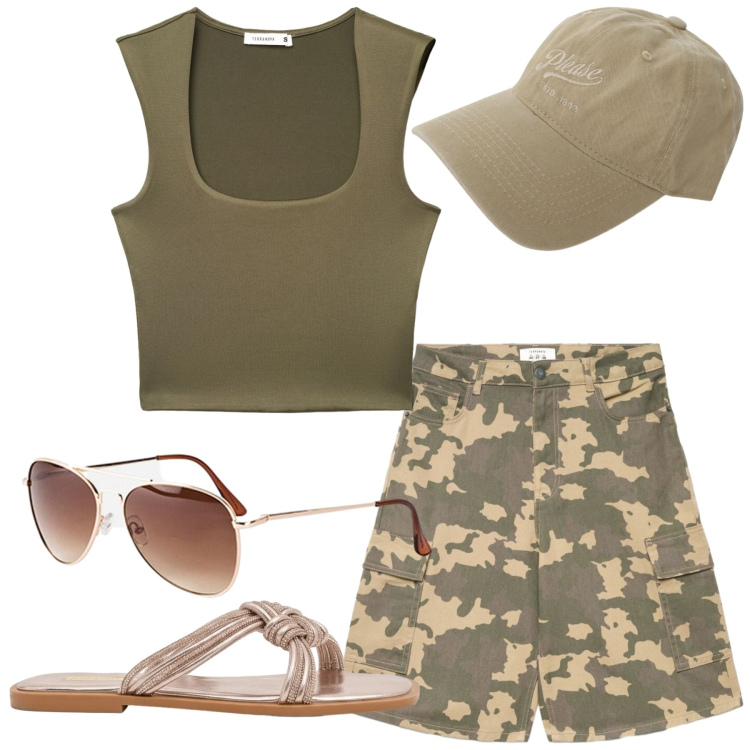 Outfit donna - Urban Camo Cool. Stile Military per Tutti i giorni. Abbinamento con occhiali da sole, pantaloni corti, top, cappelli, sandali.