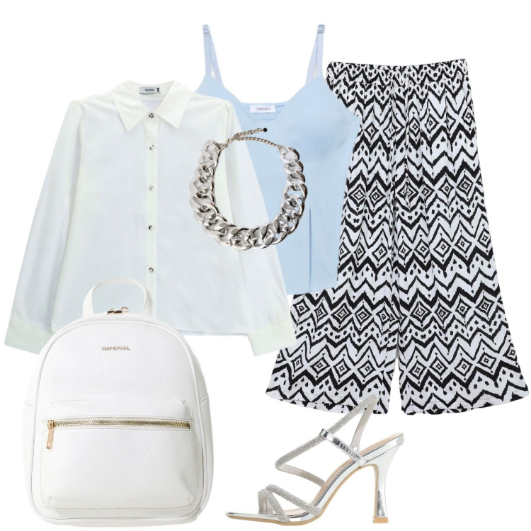 Outfit donna - I sandali gioiello. Stile Glamour per Mare. Abbinamento con pantaloni a palazzo, canottiere, zaini, sandali col tacco, camicie, collane.