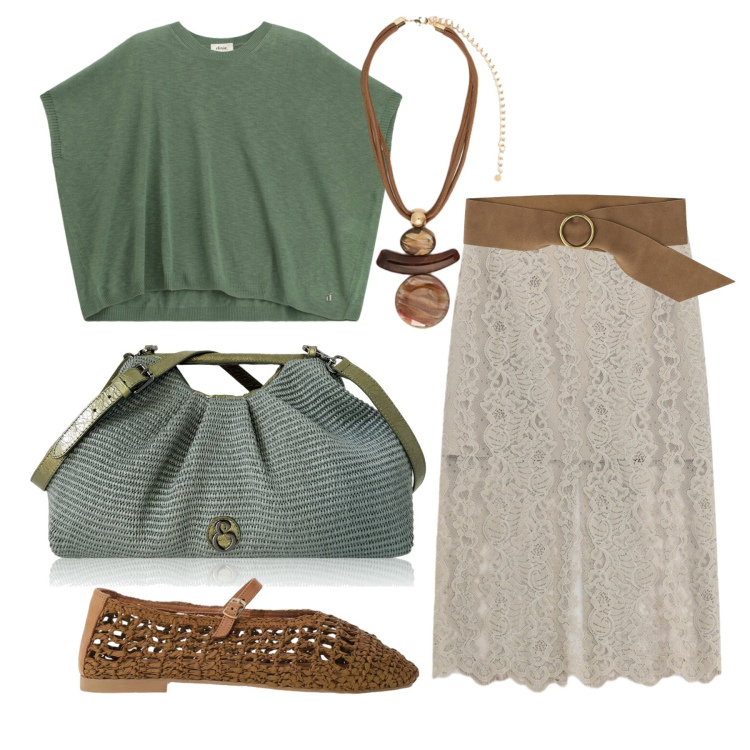 Outfit donna - Luglio. Stile Trendy per Tutti i giorni. Abbinamento con clutch, ciondoli, top, cinture, ballerine, gonne longuette.