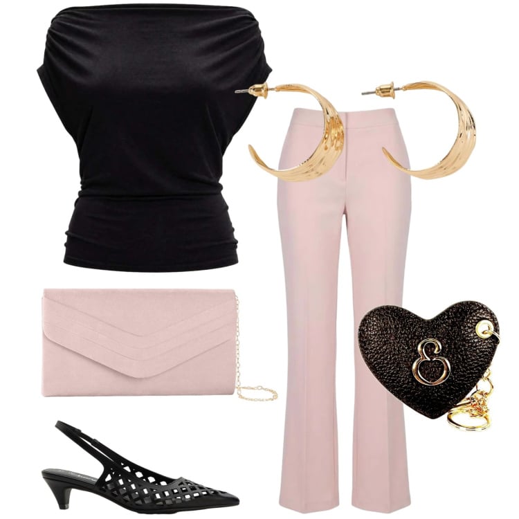 Outfit donna - In coppia. Stile Chic per Serata fuori. Abbinamento con décolleté, orecchini, clutch, pantaloni, top, portachiavi.