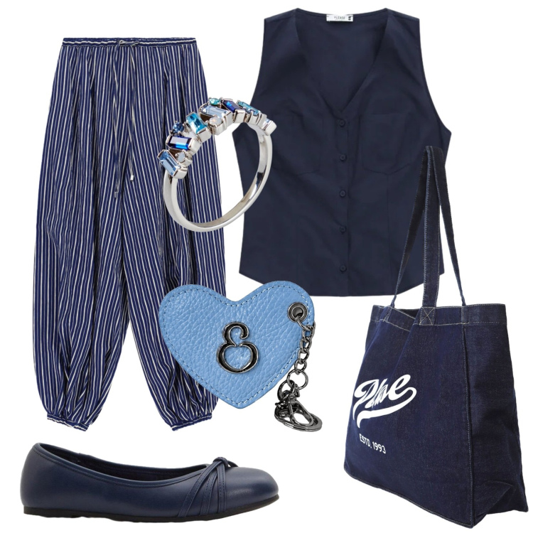 Outfit donna - Estate blu. Stile Trendy per Tutti i giorni. Abbinamento con anelli, ballerine, portachiavi, shopping bag, pantaloni a palazzo, camicie.