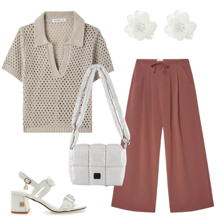 Outfit donna - Total look #2439921. Stile Casual per Tutti i giorni. Abbinamento con polo, pantaloni, orecchini, borse a spalla, sandali col tacco.