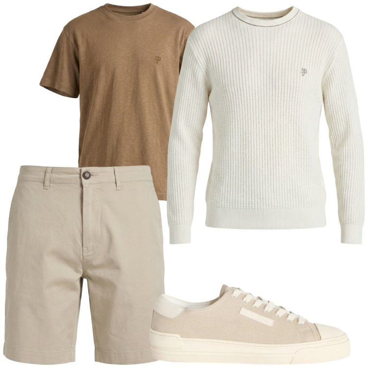 Outfit uomo - Fresche serate estive. Stile Trendy per Serata speciale. Abbinamento con sneakers, maglieria, t-shirt, bermuda.