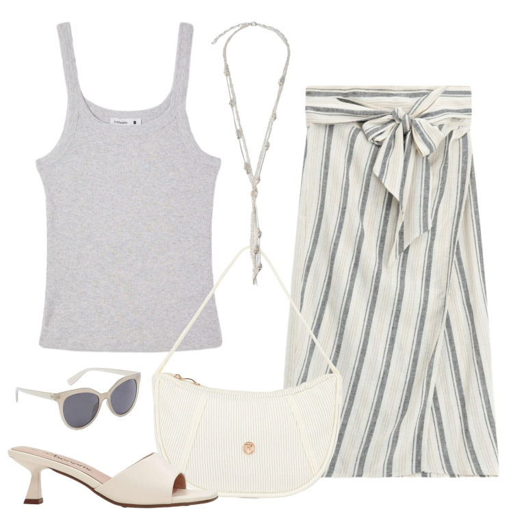 Outfit donna - Gonna pareo. Stile Basic per Tutti i giorni. Abbinamento con sandali, occhiali da sole, canottiere, borse a mano, collane, gonne longuette.