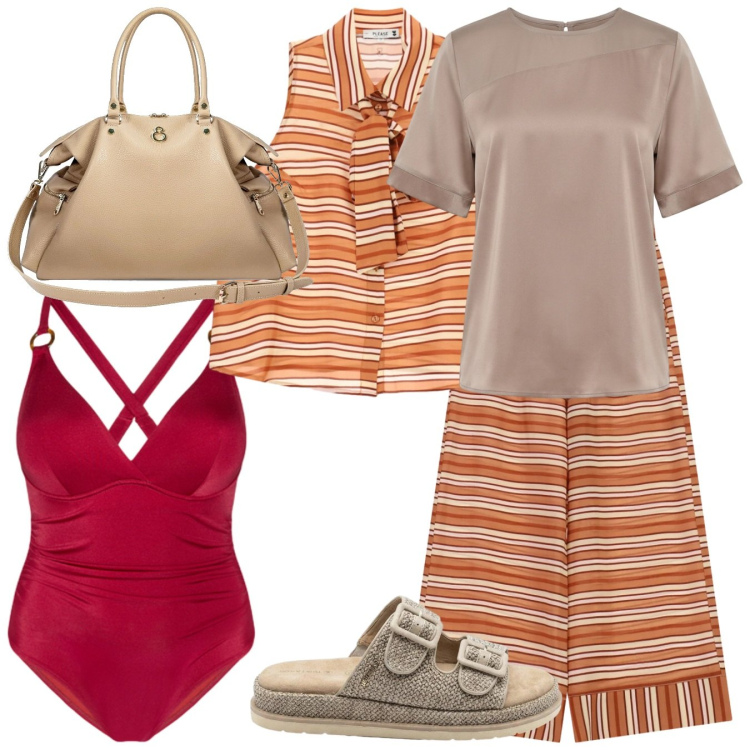 Outfit donna - Righe Forever. Stile Bon Ton per Mare. Abbinamento con costumi interi, pantaloni a palazzo, top, shopping bag, bluse, ciabatte.