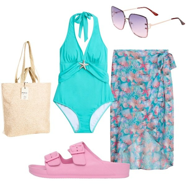 Outfit donna - Stelle marine. Stile Boho per Mare. Abbinamento con costumi interi, gonne, occhiali da sole, ciabatte, borse tote.