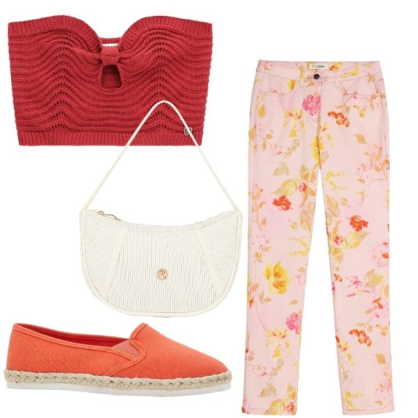 Outfit donna - Jeans rosa a fiori. Stile Romantica per Tutti i giorni. Abbinamento con pantaloni, espadrillas, top, borse a mano.