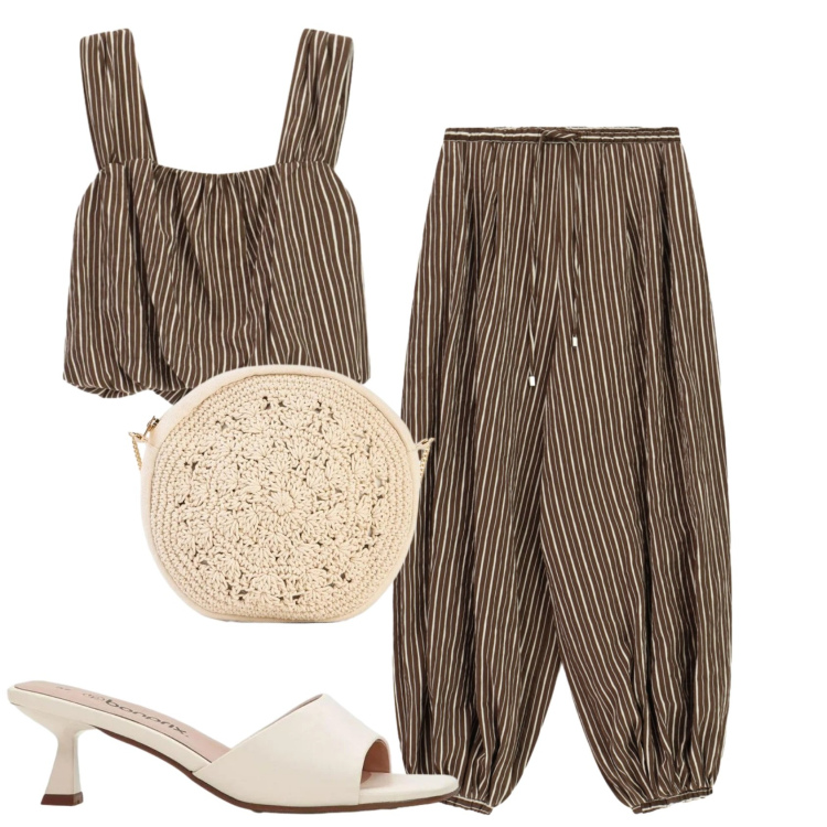 Outfit donna - Total look #2439941. Stile Boho per Serata fuori. Abbinamento con sandali, borse a tracolla, pantaloni a palazzo, top.