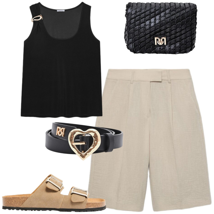 Outfit donna - Luglio. Stile Casual chic per Tutti i giorni. Abbinamento con ciabatte, bermuda, cinture, borse a tracolla, canottiere.