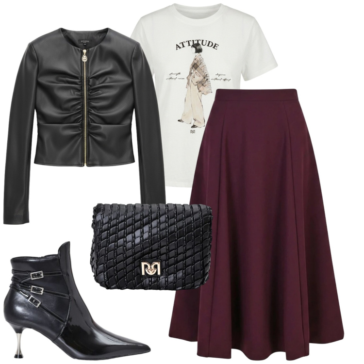 Outfit donna - Rinascimento. Stile Casual chic per Tutti i giorni. Abbinamento con t-shirt, borse a tracolla, giacche, gonne lunghe, stivaletti.