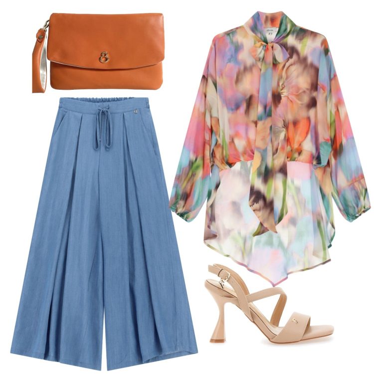 Outfit donna - Nuance fluide. Stile Chic per Serata fuori. Abbinamento con pochette, bluse, pantaloni a palazzo, sandali col tacco.