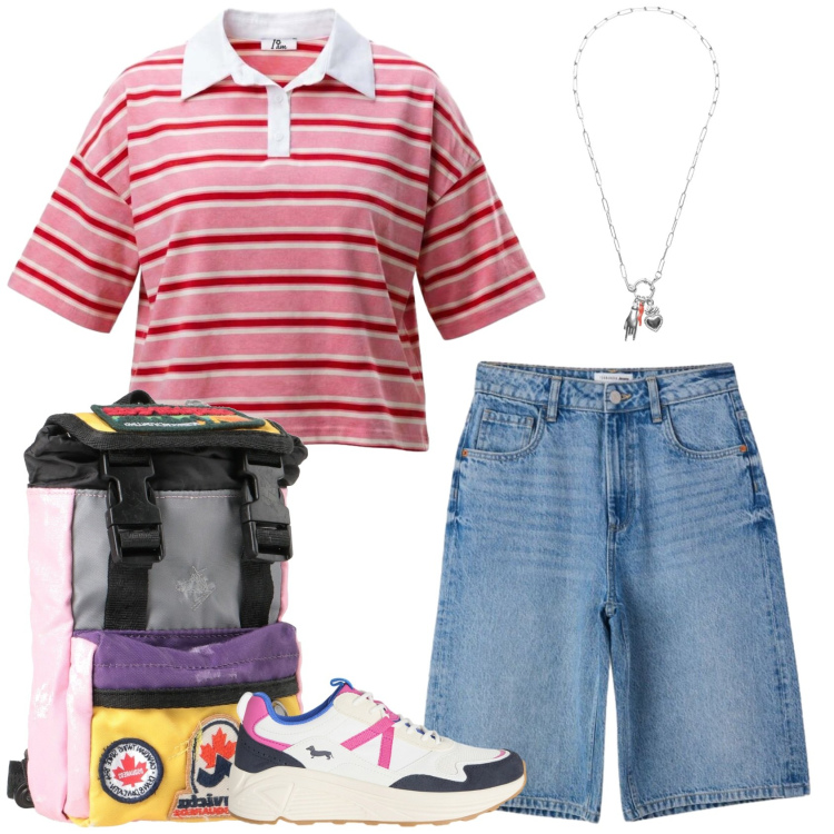 Outfit donna - Interrail. Stile Basic per Tutti i giorni. Abbinamento con zaini, polo, sneakers, bermuda, ciondoli.