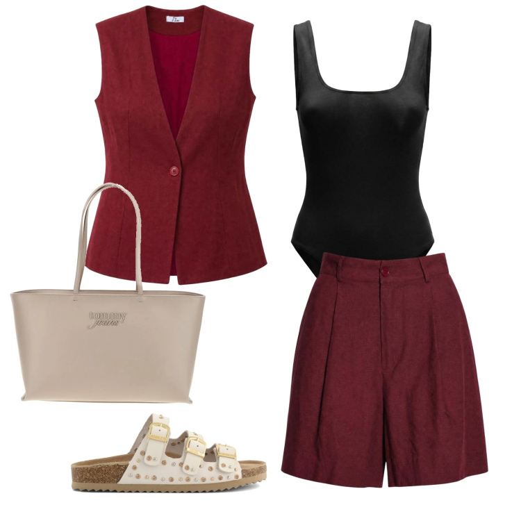 Outfit donna - Serata estiva. Stile Casual chic per Serata fuori. Abbinamento con shorts, gilet, body, borse a spalla, sandali.