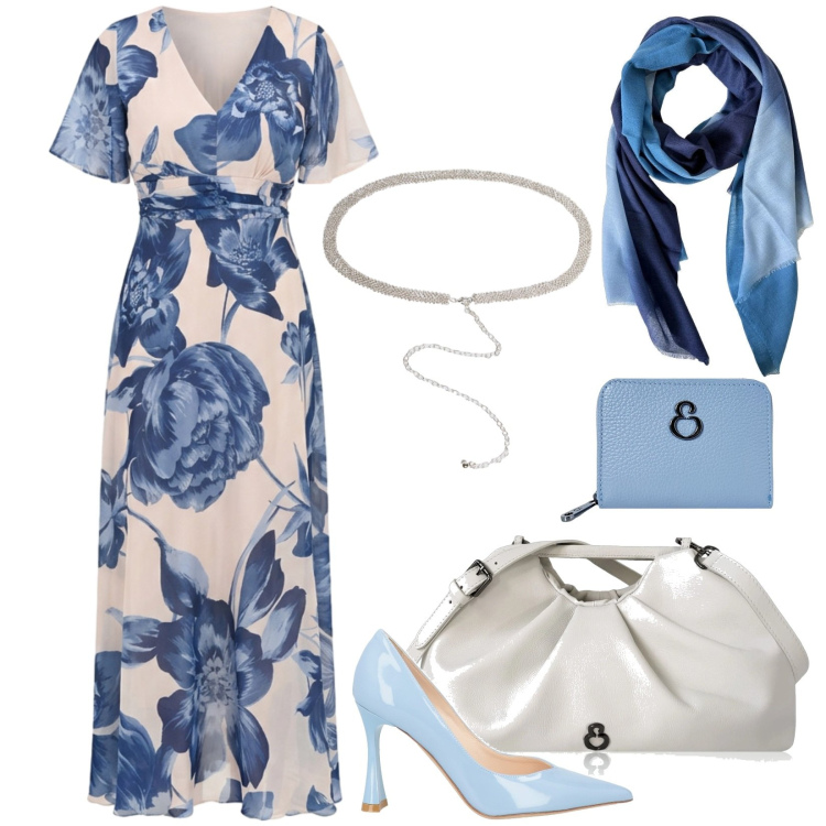 Outfit donna - Cerimonia estiva in floreale. Stile Romantica per Cerimonia. Abbinamento con décolleté, clutch, foulard, portafogli, cinture, vestiti lunghi.