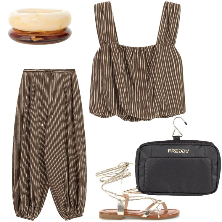 Outfit donna - Total look #2439984. Stile Casual chic per Tutti i giorni. Abbinamento con valigie, pantaloni a palazzo, top, braccialetti, sandali alla schiava.