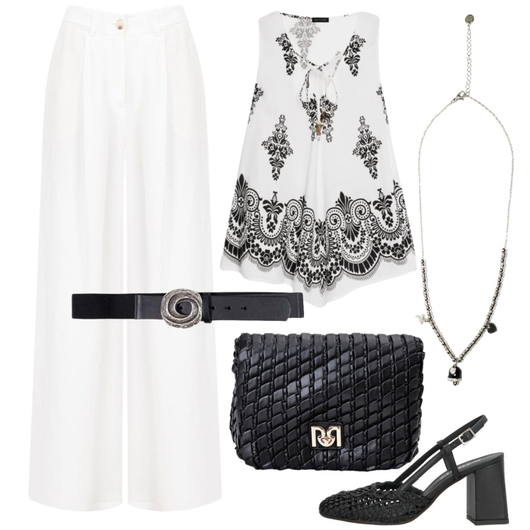 Outfit donna - Minimal, fresco per le vacanze estive. Stile Urban per Tutti i giorni. Abbinamento con décolleté, cinture, ciondoli, canottiere, pantaloni a palazzo, borse a tracolla.