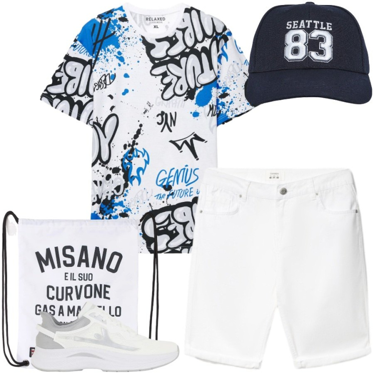 Outfit uomo - Total look #2439988. Stile Urban per Tutti i giorni. Abbinamento con borse sportive, cappelli, t-shirt, bermuda, sneakers.