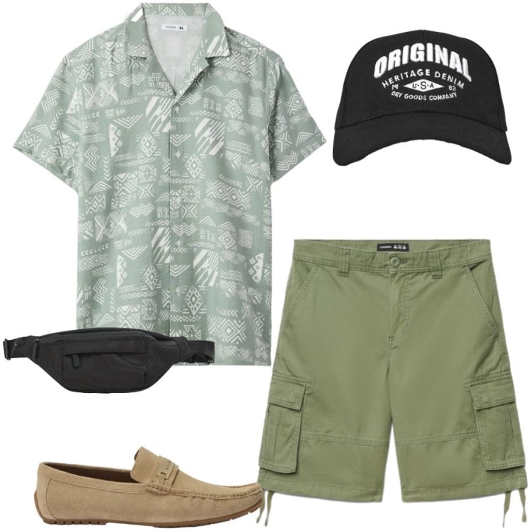 Outfit uomo - Total look #2439989. Stile Casual per Tutti i giorni. Abbinamento con scarpe stringate, camicie a manica corta, cappelli con visiera, borse sportive, shorts.