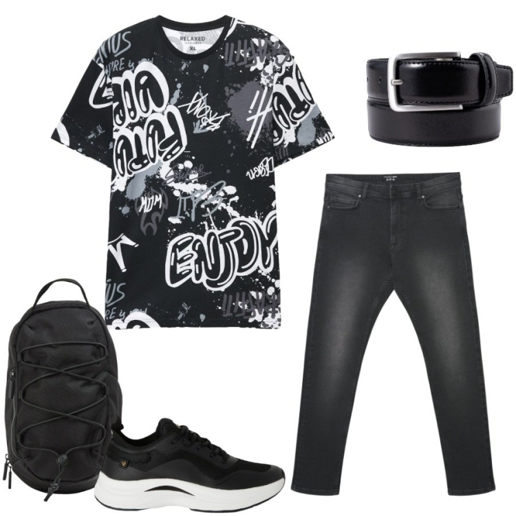 Outfit uomo - Total look #2439991. Stile Trendy per Tutti i giorni. Abbinamento con jeans skinny, t-shirt, borse sportive, sneakers, cinture.