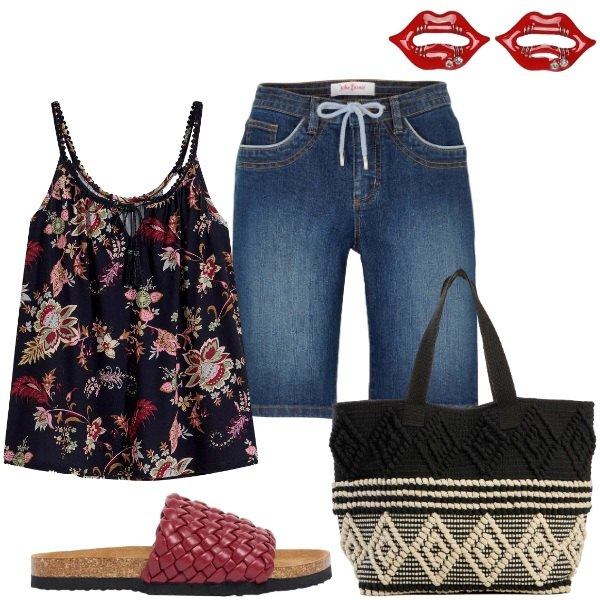 Outfit donna - Total look #2439992. Stile Trendy per Tutti i giorni. Abbinamento con top, bermuda, shopping bag, ciabatte, blazer.