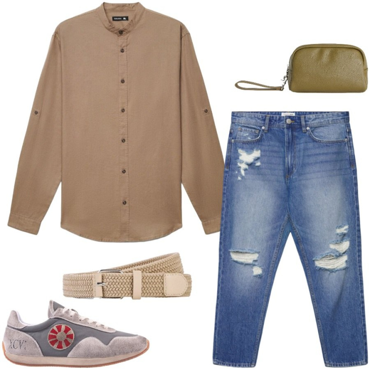 Outfit uomo - Total look #2439994. Stile Urban per Tutti i giorni. Abbinamento con cinture, borse sportive, camicie, jeans strappati, sneakers.