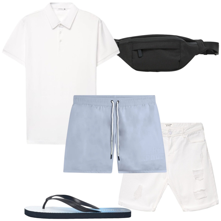 Outfit uomo - Total look #2439996. Stile Casual per Mare. Abbinamento con sandali, bermuda, borse sportive, polo, costumi.