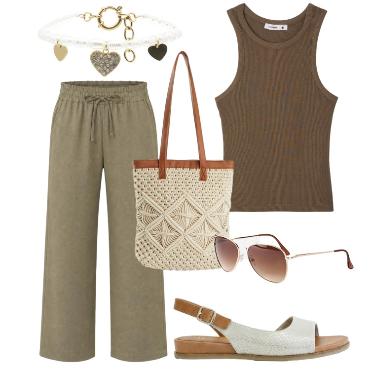 Outfit donna - Tempo libero. Stile Trendy per Tutti i giorni. Abbinamento con sandali, occhiali da sole, shopping bag, pantaloni, canottiere, braccialetti.