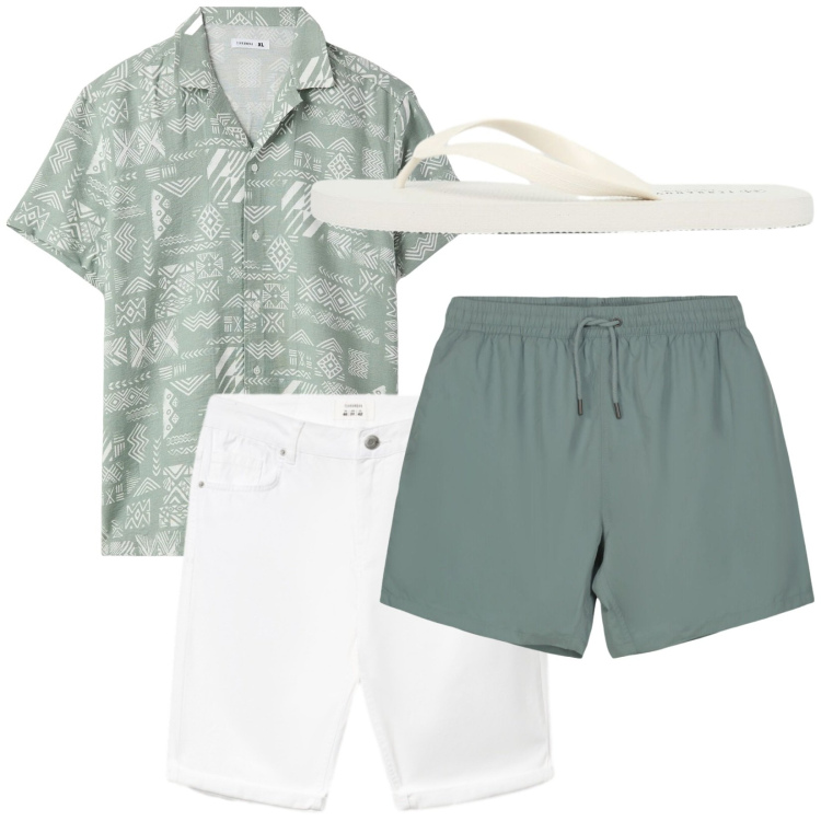 Outfit uomo - Total look #2440000. Stile Trendy per Mare. Abbinamento con camicie a manica corta, bermuda, sandali, costumi.