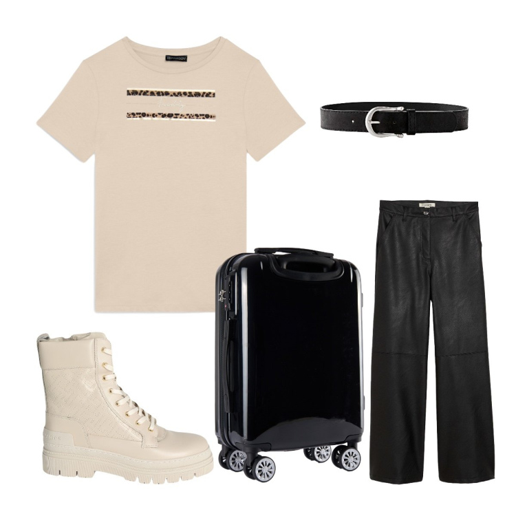 Outfit donna - Aosta arrivo. Stile Sporty chic per Tutti i giorni. Abbinamento con stivaletti, cinture, pantaloni, t-shirt, valigie.
