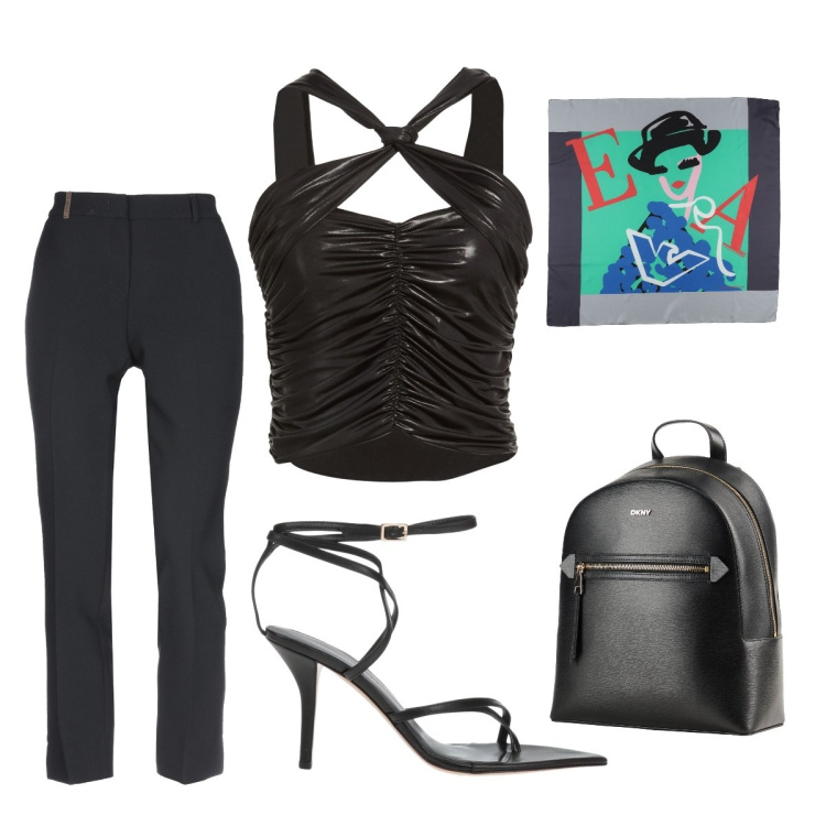 Outfit donna - Luglio. Stile Sexy per Serata fuori. Abbinamento con pantaloni, sciarpe, zaini, top, infradito.
