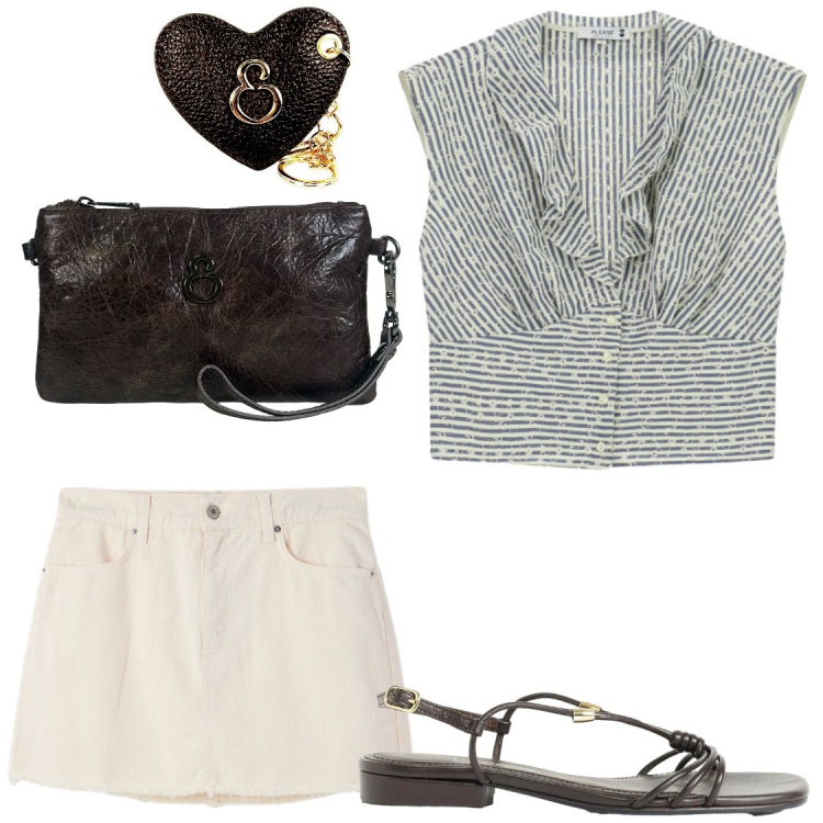 Outfit donna - Da pomeriggio a sera. Stile Chic per Serata fuori. Abbinamento con sandali, pochette, portachiavi, minigonne, camicie.