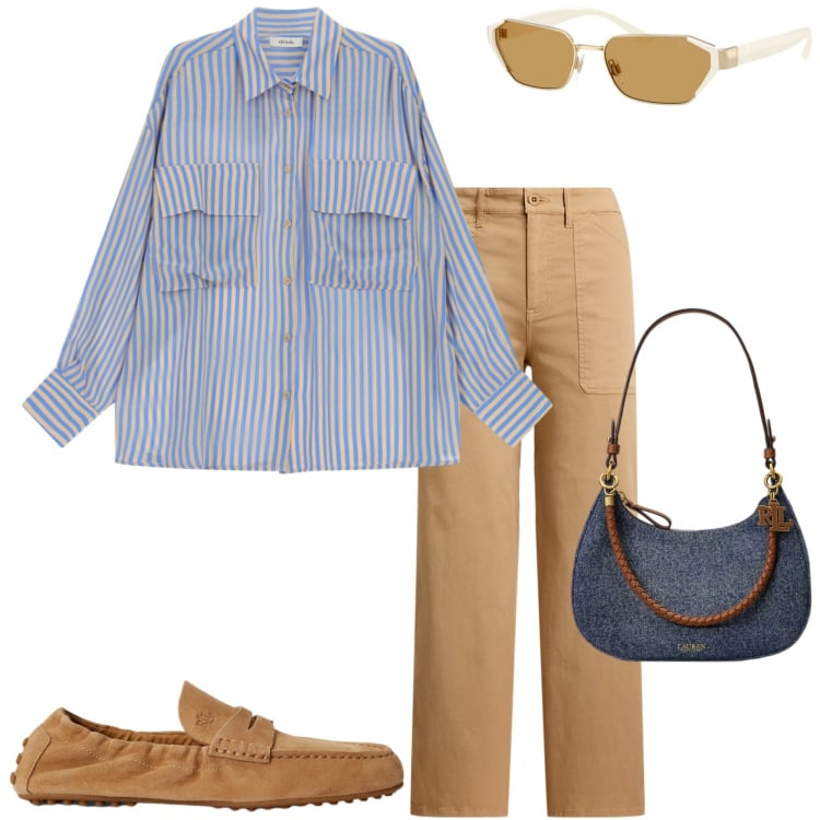 Outfit donna - Summer Holidays. Stile Casual chic per Tutti i giorni. Abbinamento con camicie, pantaloni, occhiali da sole, borse a spalla, mocassini.